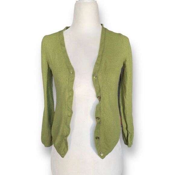 Vintage Sweaters - Vintage Green Cardigan Sweater Merino Wool V-Neck Button Front Cropped Knit XS